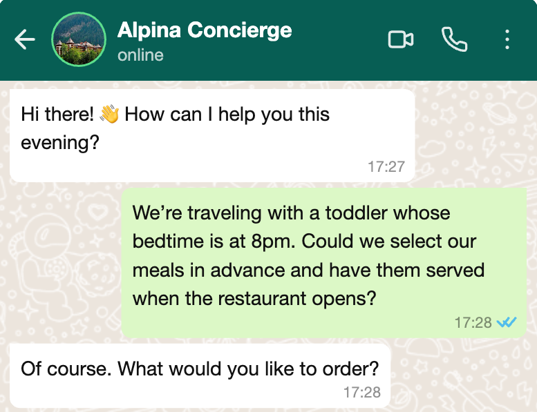 WhatsApp exchange with the Alpina concierge agreeing to an advance meal order for a toddler with an 8 p.m. bedtime