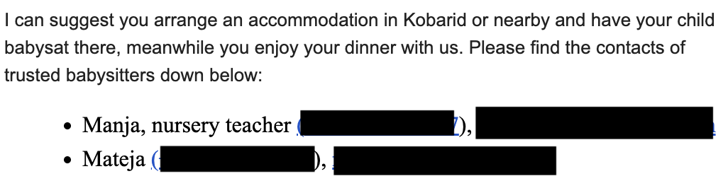 Restaurant email suggesting nearby accommodation in Kobarid and providing local babysitter recommendations, with contact details concealed