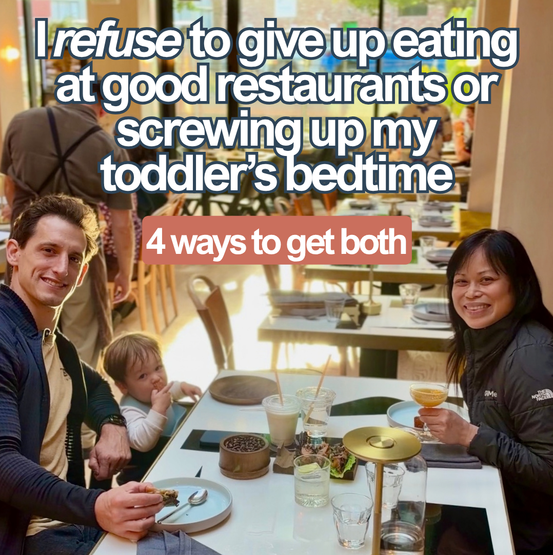 Jes, Jason and Apollo at a restaurant, with the reel cover promising four ways to enjoy good restaurants and protect toddler bedtime