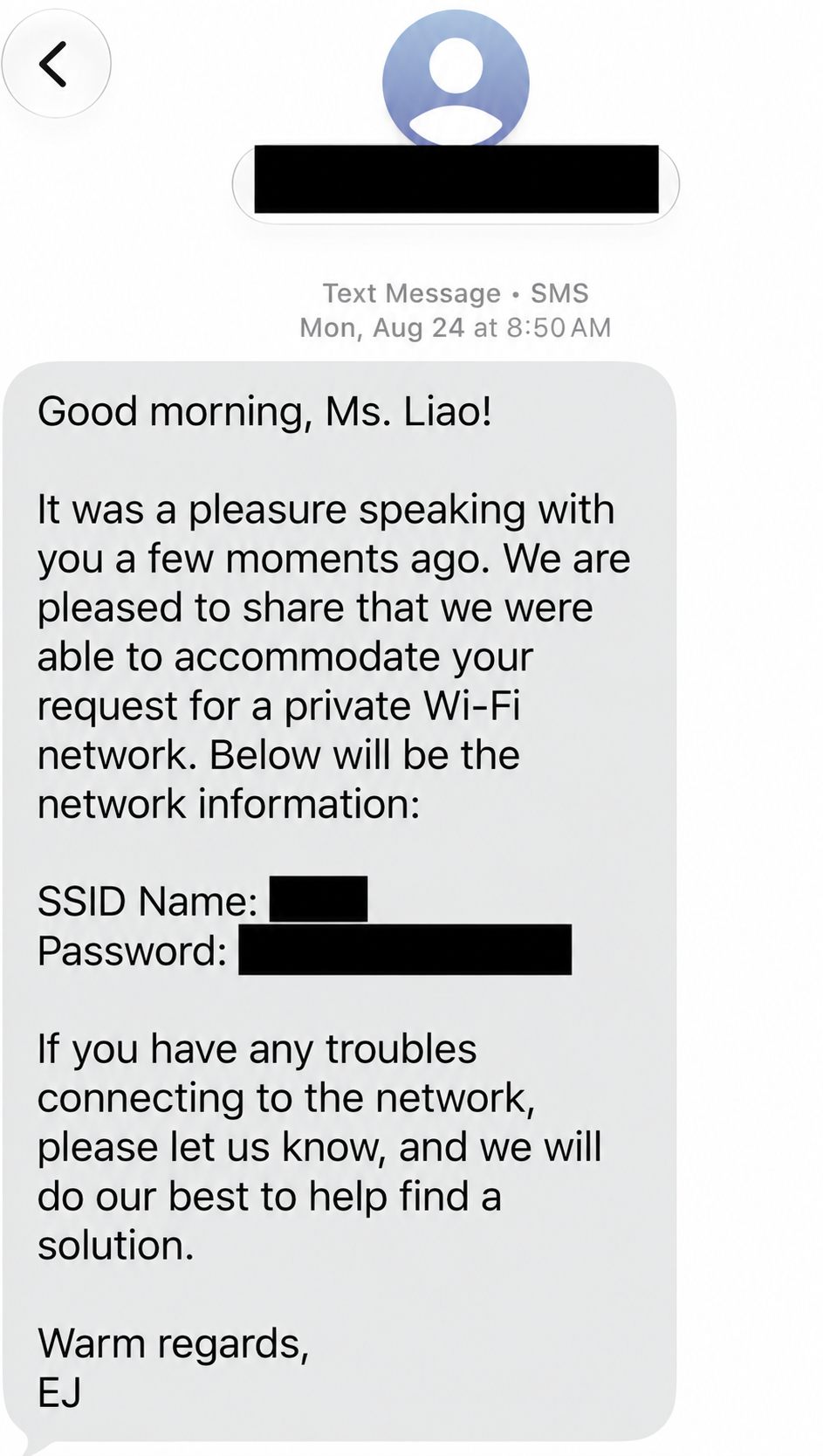 Four Seasons message confirming a private Wi-Fi network was arranged for us, with network details redacted