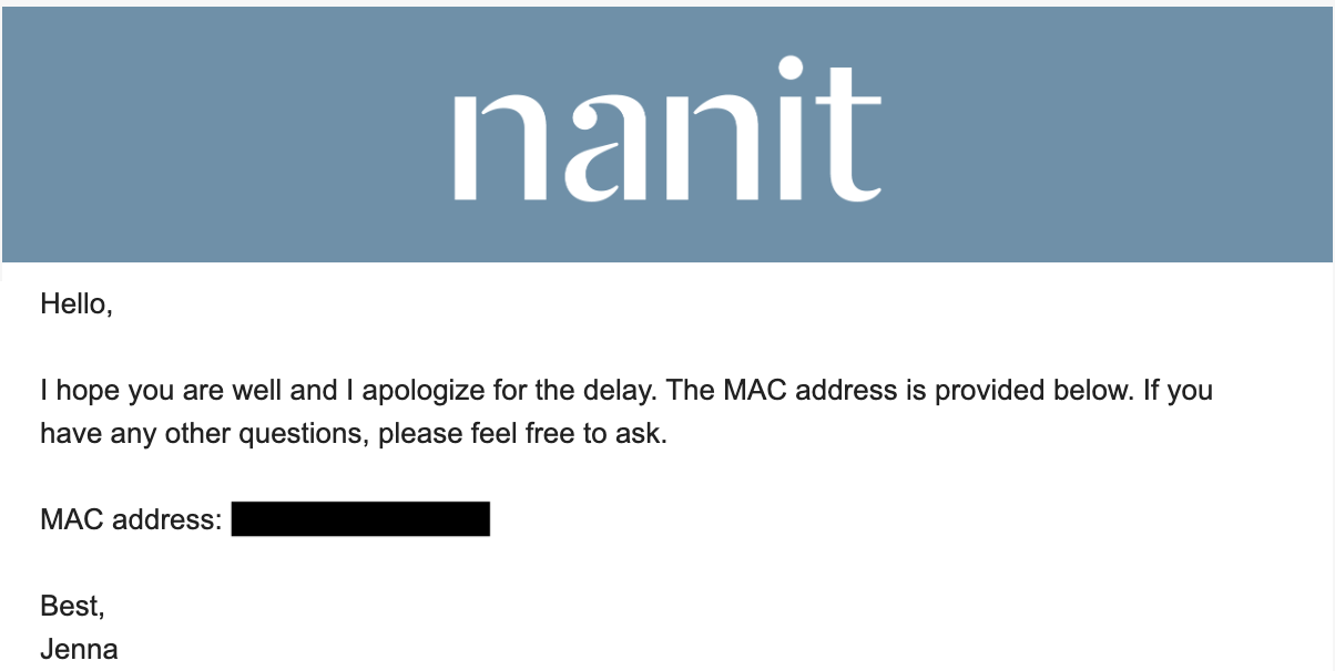 Nanit Support email providing our camera’s MAC address, with the address redacted