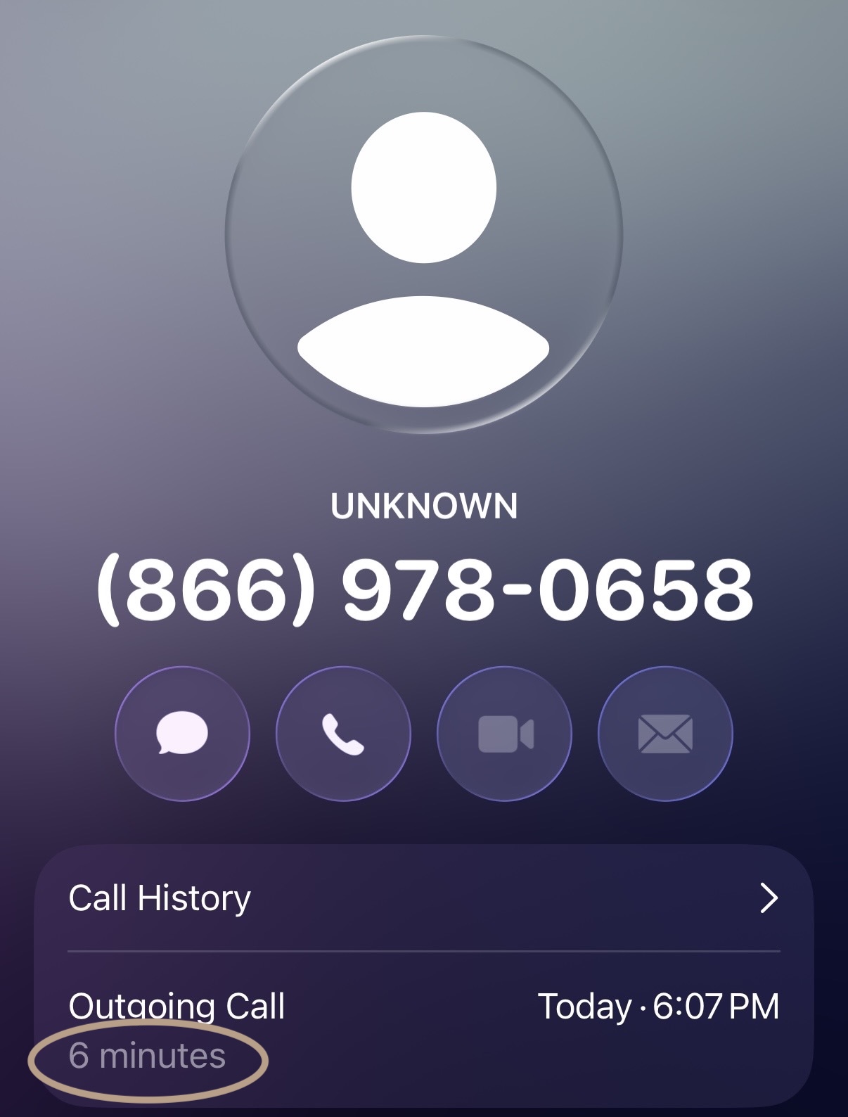 Call history showing our six-minute call to hotel IT