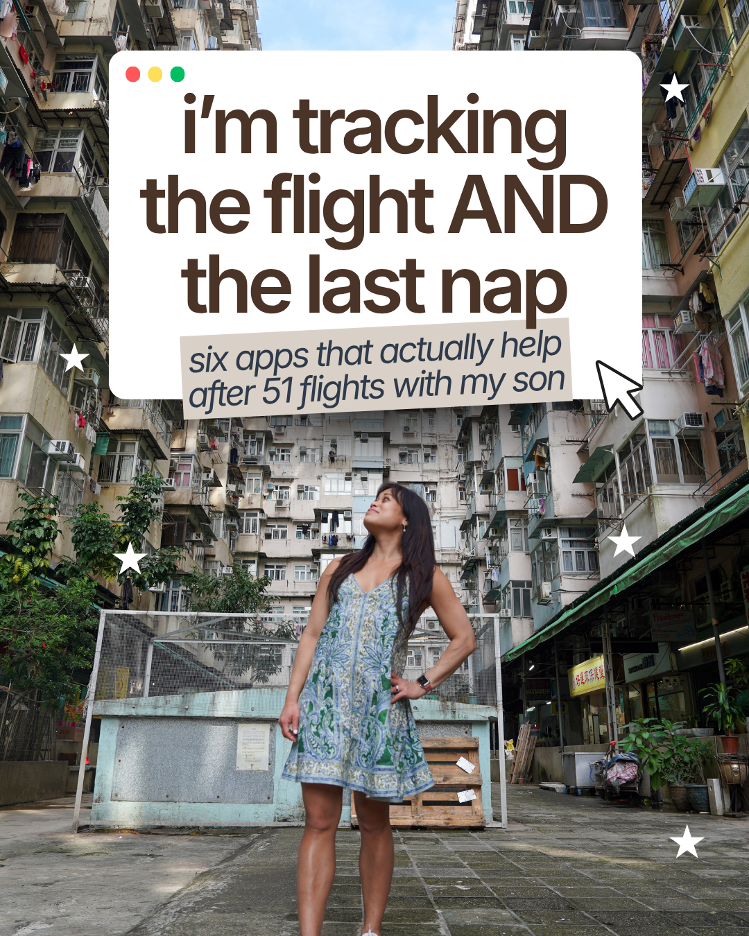Jes in front of an apartment building on the cover of the family travel apps guide